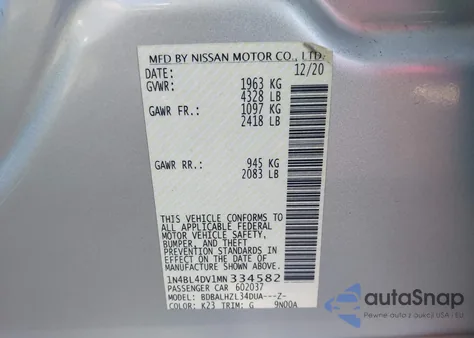 2021 Nissan Altima Sv Fwd z USA, uszkodzony, nr VIN 1N4BL4DV1MN334582